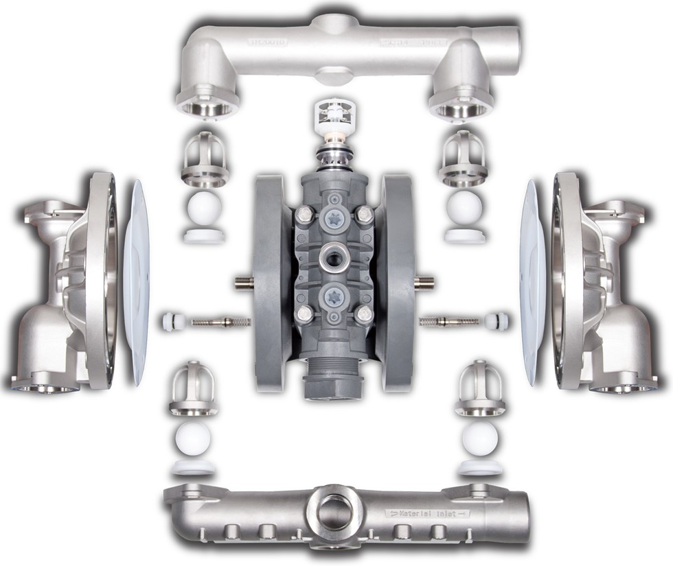 Modular design of YTS Diaphragm Pump. Air Valve, diaphragms, manifolds, ball valves.