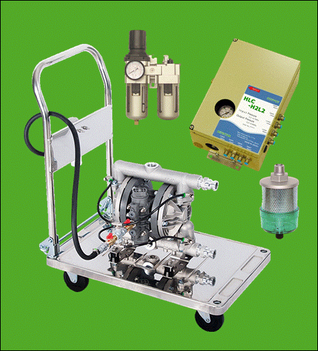 YTS Accessories for Pneumatic Diaphragm Pumps. Trolley with pump on it, Air Filter Regulator Lubricator, High Speed Muffler.