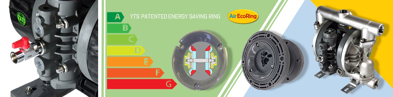 YTS energy saving Air Eco Ring for Air Diaphragm Pumps. Central, dry section of the pump with air valve. One Metallic pump.