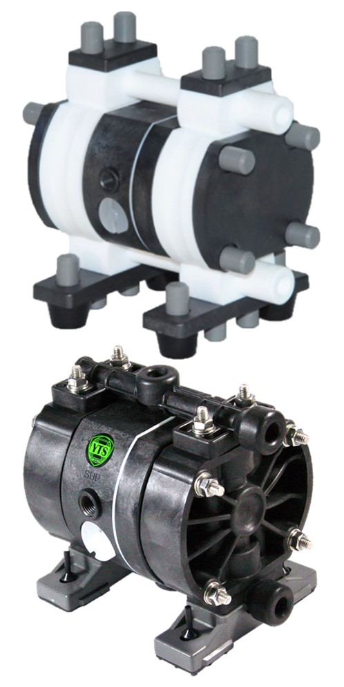Two small ¼” YTS Diaphragm Pumps. Max. flow rate 8 l/min. White - PTFE, Black - Conductive PVDF. Export License not required.