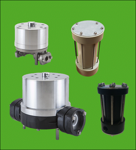 Four YTS Pulsation Dampeners for AODD Pumps. Two Metallic, two Plastic. One silver, two grey, one in black. Different sizes.